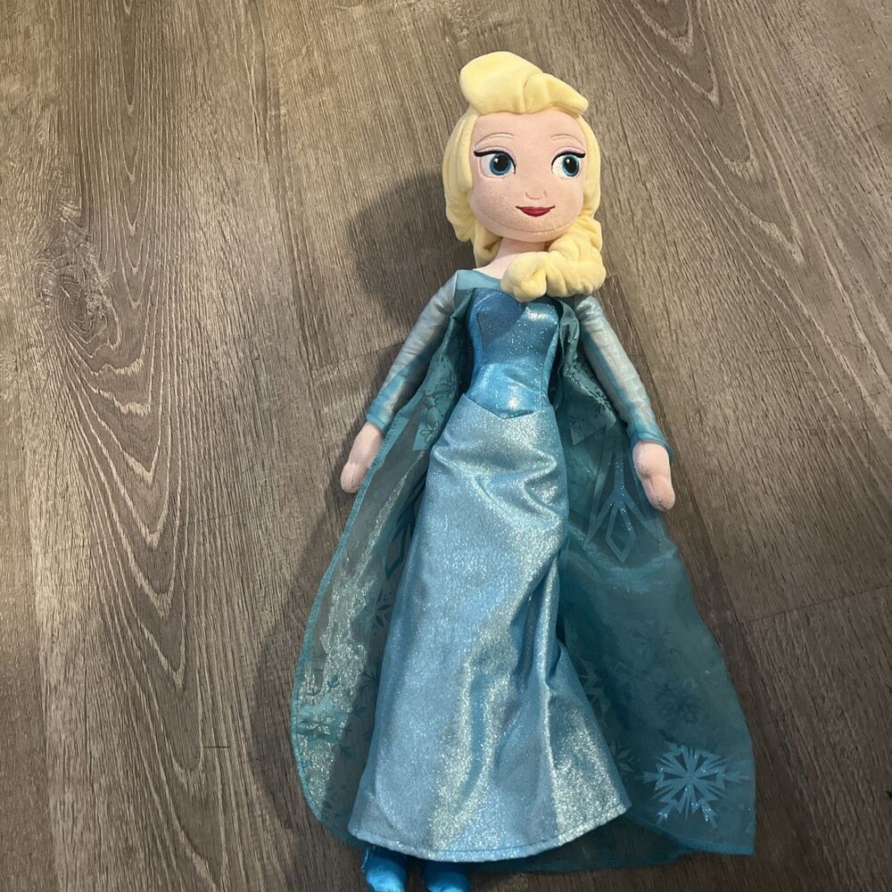 Disney Store Princess Elsa Frozen 18” Soft Plush Doll Toy Blue Glitter Dress